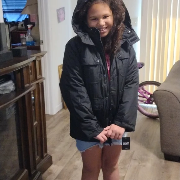 DKNY black hooded jacket Big Girl size medium 10/12. Jackets & Coats